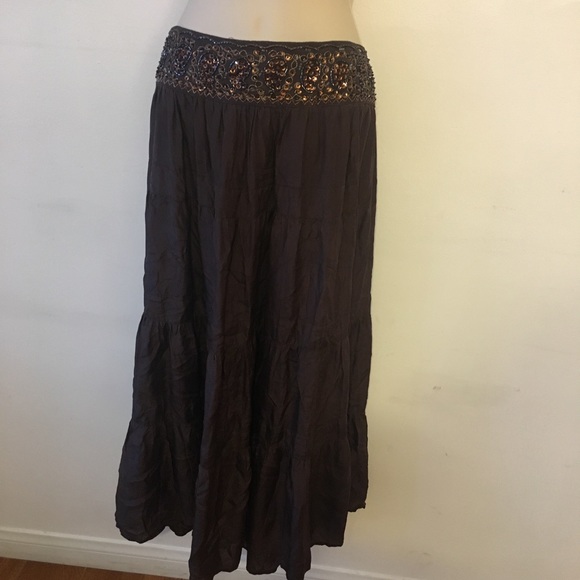 BCBGMaxAzria Skirts Bcbg Brown Embroidered Band Hipster Maxi Skirt